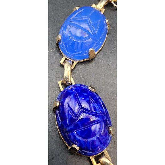Vintage Carved Multi Color Scarab Stones Gold Tone Egyptian Bracelet Thorn JLRY - Picture 5 of 9